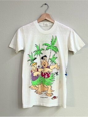 1985 Vintage Flintstones Hula Graphic Tee - White Hanna Barbera Fred Barney